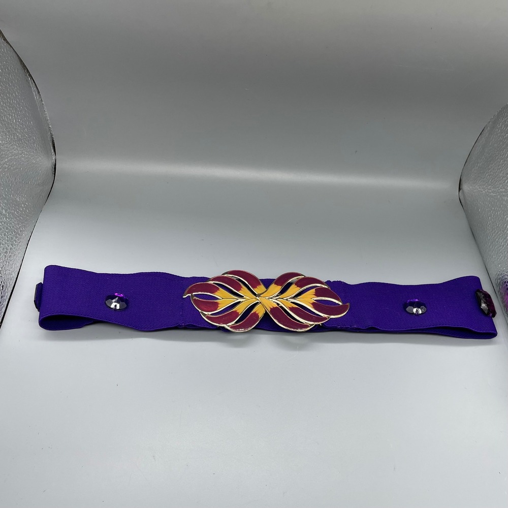 Vintage Purple Elastic Cinch Belt Enamel Butterfly Buckle Rhinestone Accents S/M
